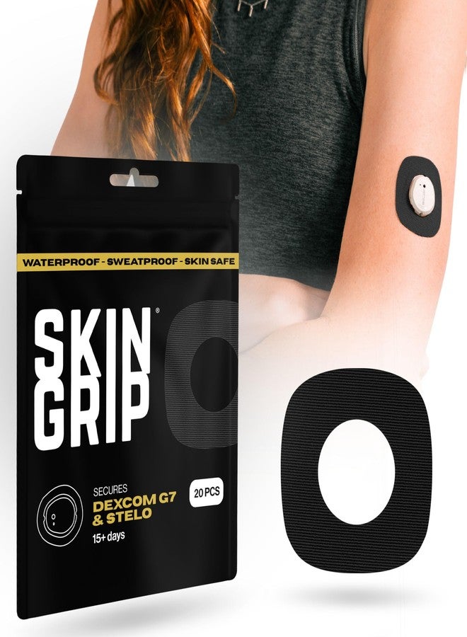 Skin Grip Adhesive Patches Compatible with Dexcom G7 & Stelo CGM with Cutout – Waterproof & Sweatproof Cover for Continuous Glucose Monitor Sensor, Stays Secure for 10-15 Days – 20 Pack, Black - Image 1
